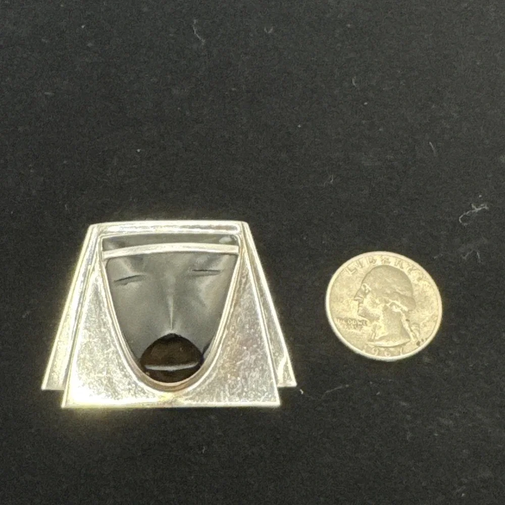 Fred Davis‎ Sterling Silver Obsidian Mask Brooch Mexico Vintage Modernist Pin